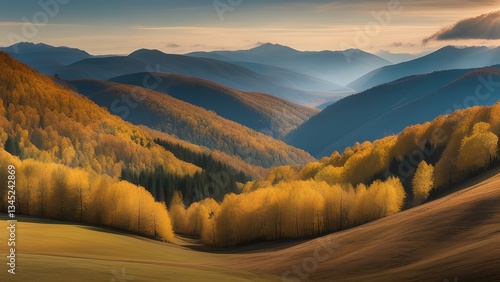 Breathtaking panoramic view of mountain landscape in autumn with colorful foliage and golden sunlight