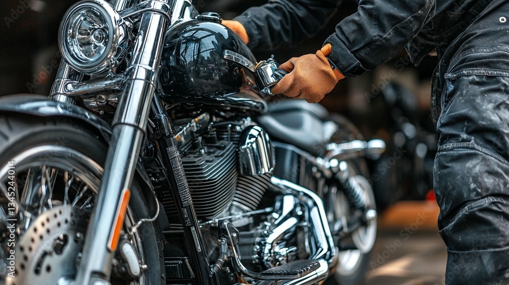 Mechanic repairs motorcycle engine Mechanic repairs motorcycle engine