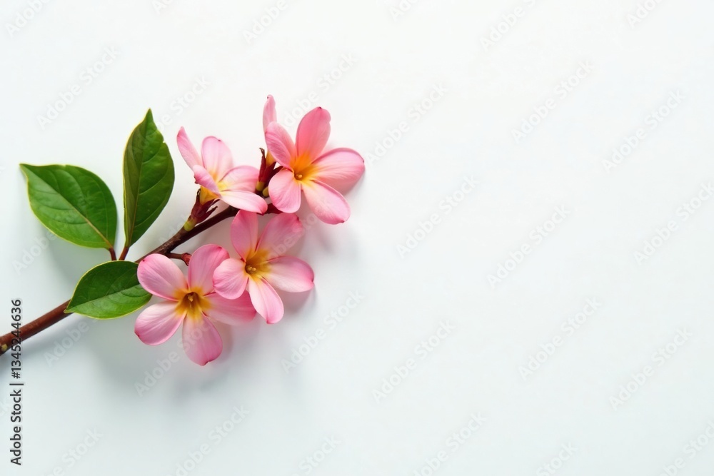 Fototapeta premium A single branch with leaves and flowers on a white surface, natural, simple, white