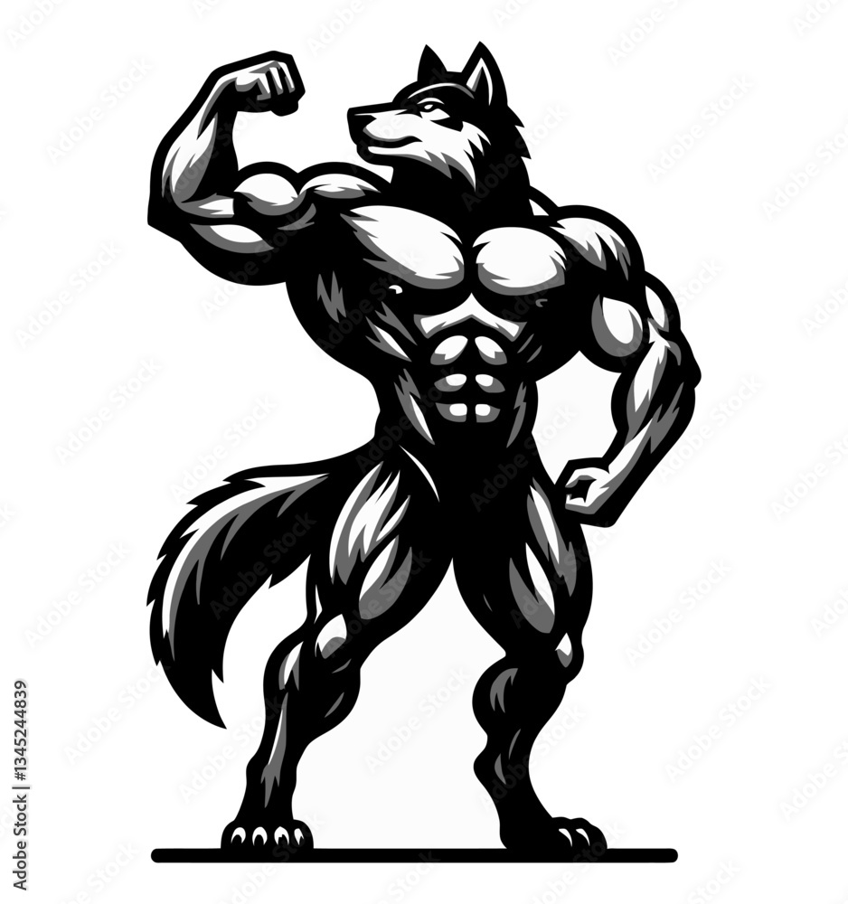 Obraz premium Muscular wolf standing in black and white, flexing its arm, showcasing its power and physique