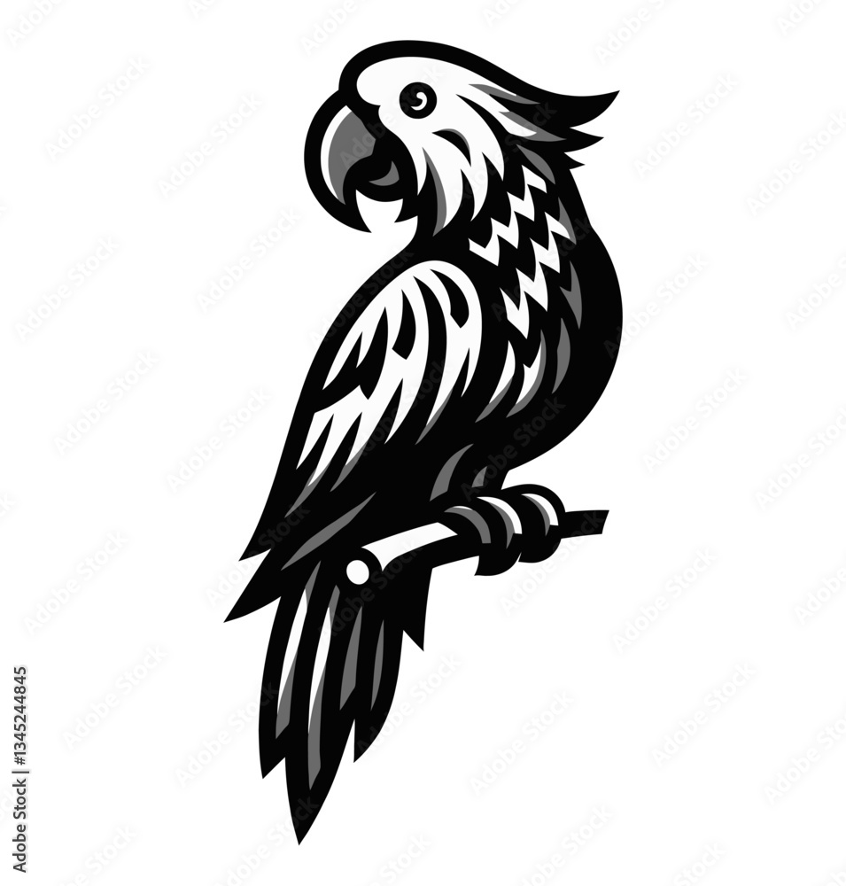 Fototapeta premium Vector Illustration of Cockatoo Perched on Branch with Black and White Detailed Outline Design