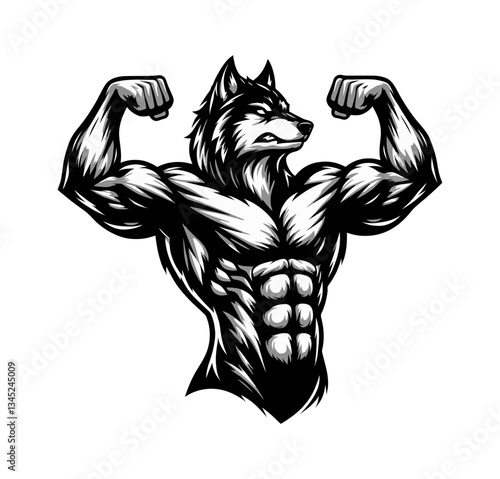Wolf Bodybuilder Flexing Muscles with Aggressive Expression in Black and White Illustration