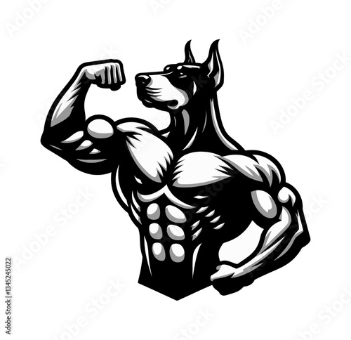 Muscular Doberman Posing Showing Biceps, Abs and Muscle in Detailed Black and White Vector