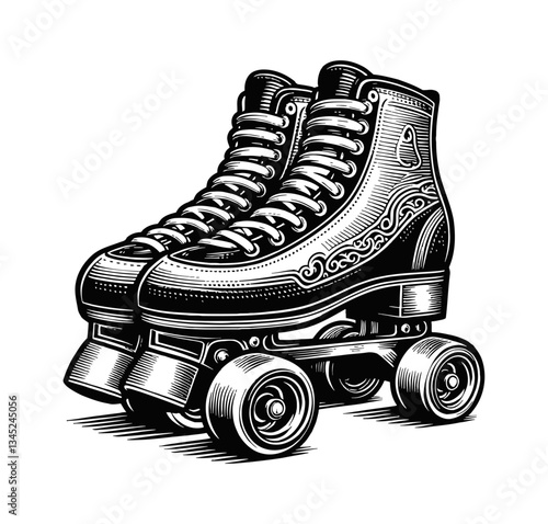 Close up of roller skate in detailed black and white line art illustration drawing