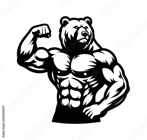 Bear Showing Bicep with Muscular Body in Black and White Vector Silhouette Illustration