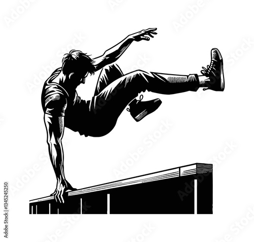Man Performing Parkour Trick Over a Barrier with One Hand Landing in Black and White Illustration