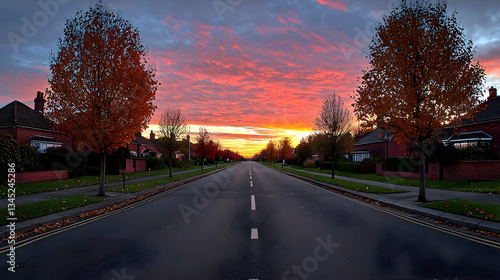 Road Leads To Sunset With Orange Sky And Trees Along City Street During Evening