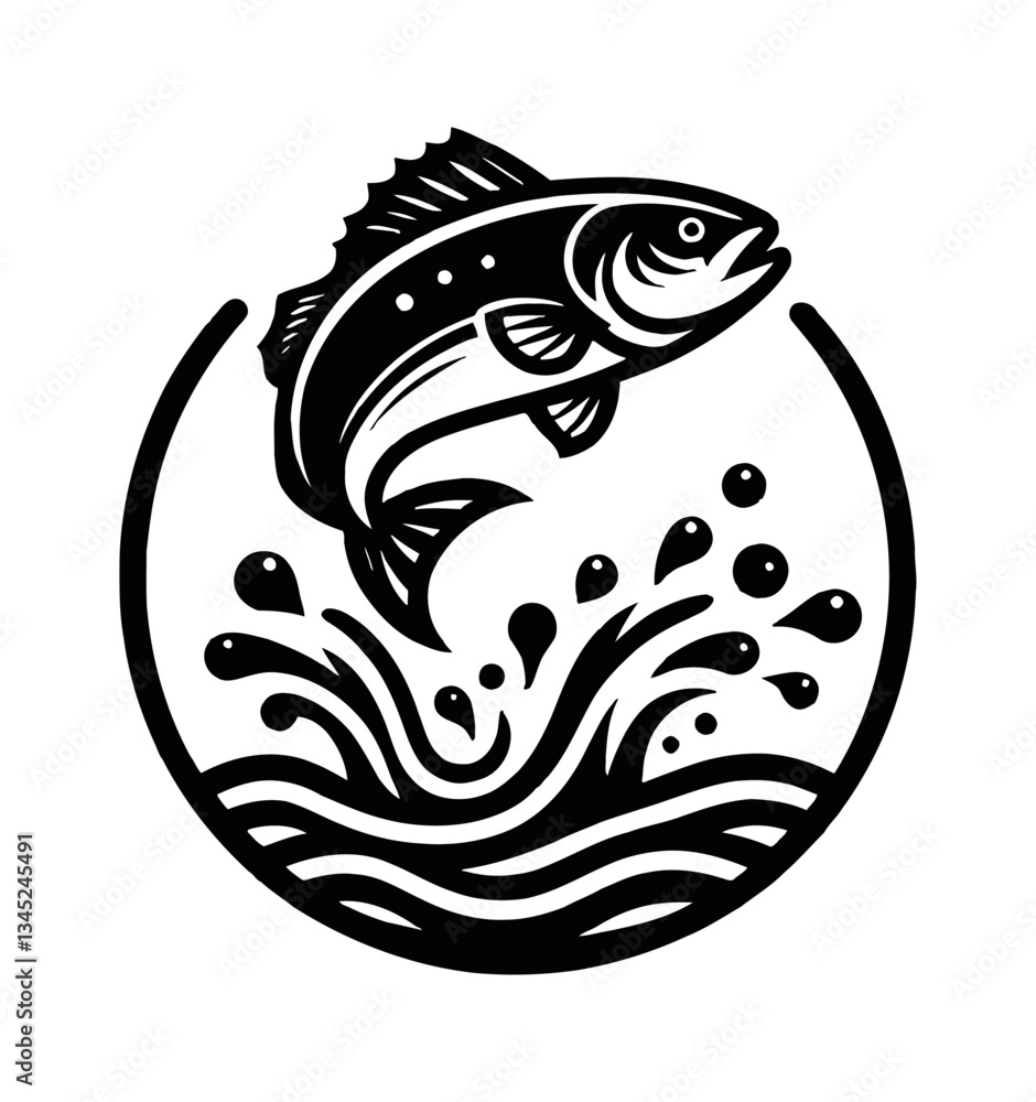 Fish Leaping from Water with Splash Effect in Circular Frame Black and White Illustration Fish Leaping from Water with Splash Effect in Circular Frame Black and White Illustration