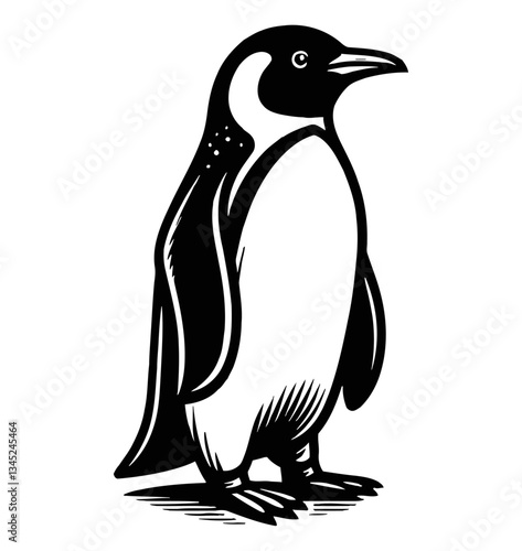 A penguin stands with detail black and white drawing illustration art style, front view, facing right