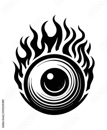 Stylized Eye Surrounded by Flames in Detailed Black and White Vector Illustration Art