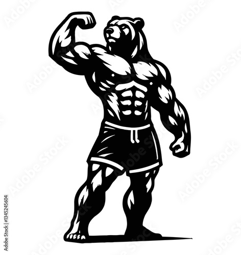 Bear Bodybuilder flexing his biceps and showing muscle, silhouette art in black and white vector