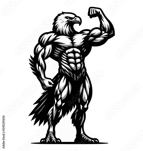 Muscular Eagle Standing and Flexing Biceps with Black and White Vector Illustration