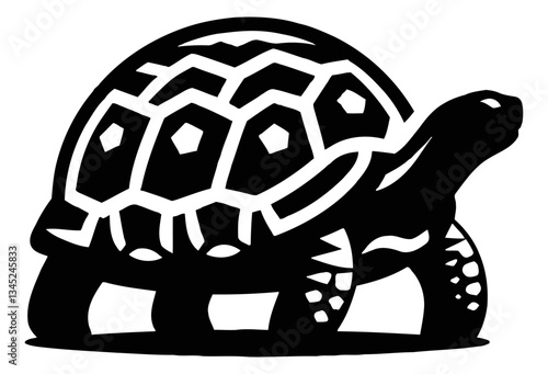 Turtle walking slowly with details of shell, black and white outline line art drawing vector