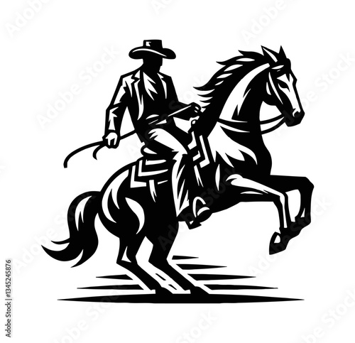 Cowboy Ride Horse Rearing up, Holding Rein, Silhouette Illustration in Black and White Vector