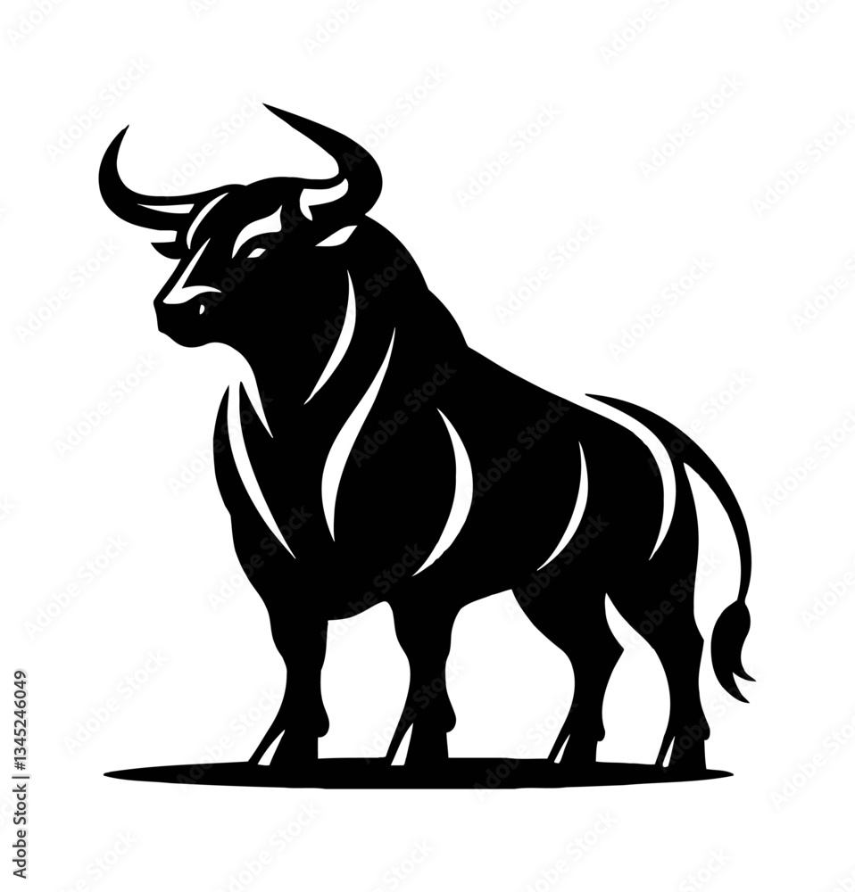 Silhouette of a strong bull standing tall, with detailed muscular form in black and white color Silhouette of a strong bull standing tall, with detailed muscular form in black and white color