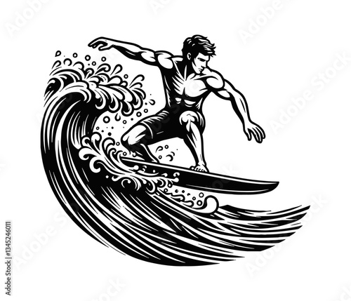 Man Surfing on Wave with Arms Extended in Black and White Outline Graphic Illustration Design