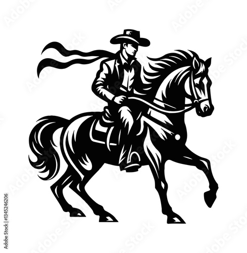 Wallpaper Mural Cowboy Riding Horse, Silhouette Vector Illustration. Horseback Riding in Black and White Torontodigital.ca