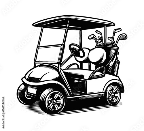 Golf Cart with Golf Clubs Illustration in Detailed Black and White Outline Line Art Drawing