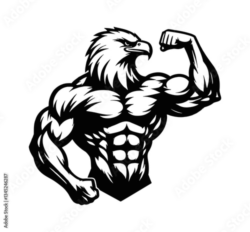 Muscle Eagle Posing with Bicep Curl Showing Muscular Bodybuilder Body in Black and White
