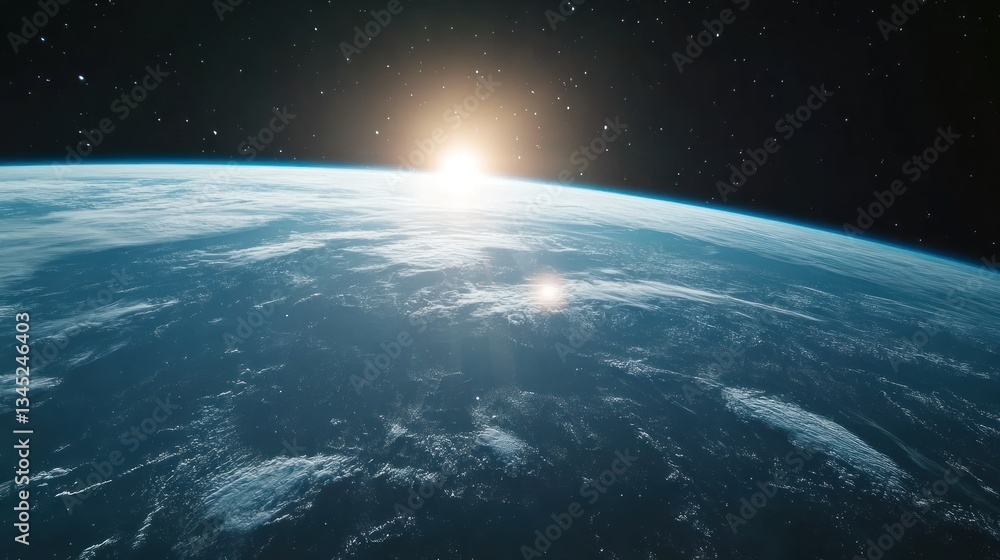 Fototapeta premium Beautiful depiction of planet earth with sunrise and dark space