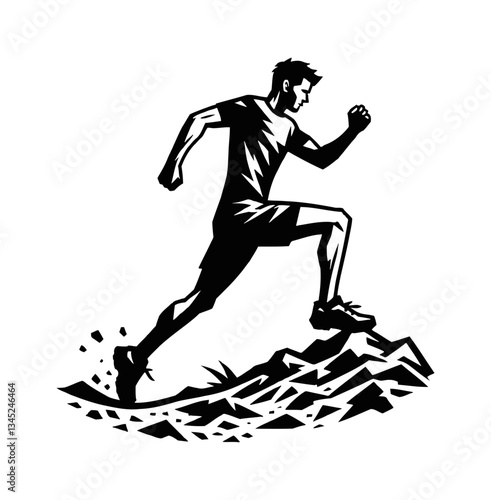 Illustration of Man Running Up Hill, Silhouette Style, Black and White Vector Illustration