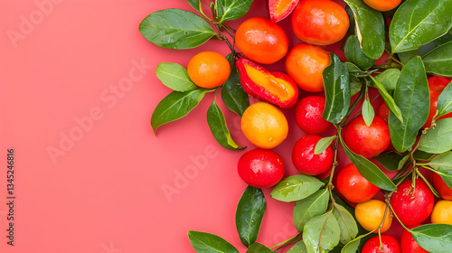 Assortment Of Colorful Fruits On Pink Background