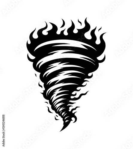 Stylized Black and White Tornado Twisting and Forming with Flames Silhouette Art