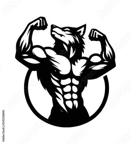 Muscular Wolf flexing its biceps with an impressive physique in vector format silhouette style
