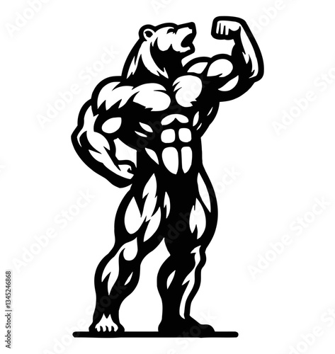 Bear Bodybuilder Showing Bicep with Muscular Body in Black and White Silhouette Vector