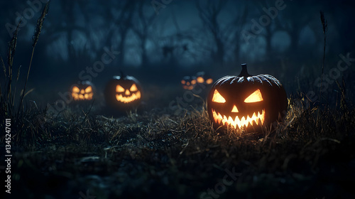 Glowing Carved Pumpkins In A Spooky Forest Setting With Orange Light And A Dark Mysterious Night Atmosphere