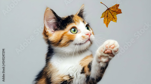 Playful Kitten Batting at Autumn Leaf