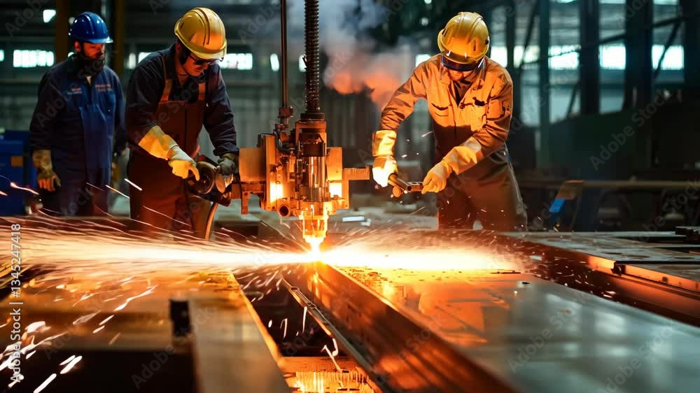 Skilled workers using welding tools in a factory setting during evening hours Skilled workers using welding tools in a factory setting during evening hours