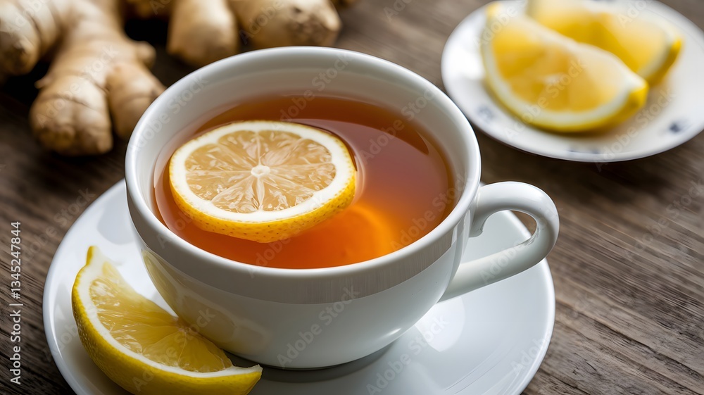 Warm ginger tea with lemon served in a white cup and plate, showcasing fresh ginger and lemon slices on a wooden table Warm ginger tea with lemon served in a white cup and plate, showcasing fresh ginger and lemon slices on a wooden table