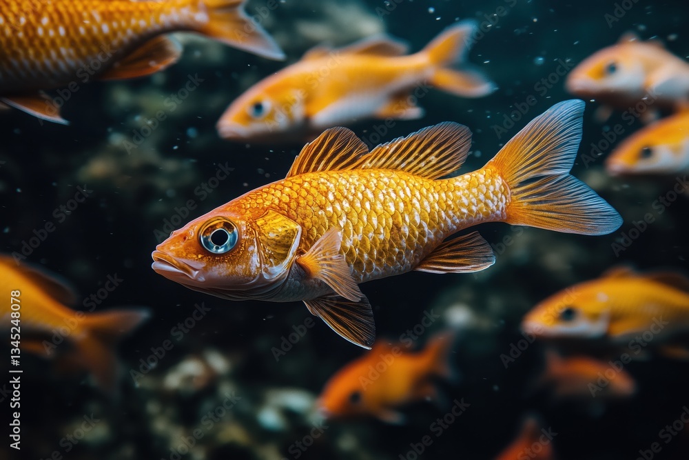 A school of fish swimming in the ocean. The fish are orange and black. The water is dark and murky