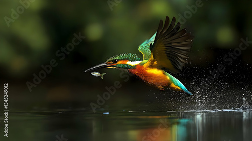 Colorful Kingfisher In Flight Catching Fish