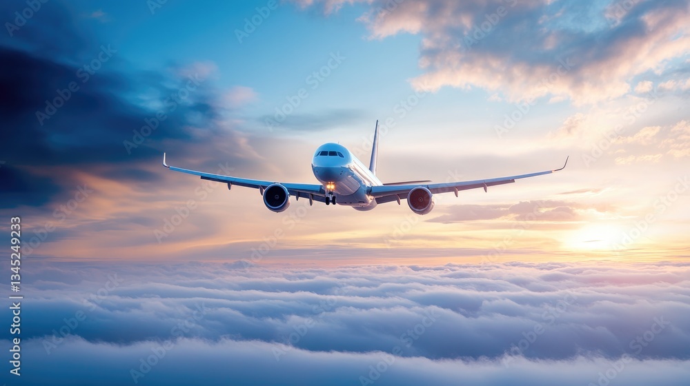 Obraz premium Commercial airplane flying above dramatic clouds during sunset.