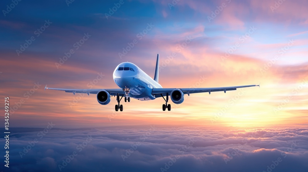 Commercial airplane flying above dramatic clouds during sunset. Commercial airplane flying above dramatic clouds during sunset.