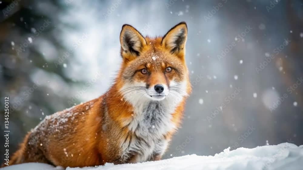 Red Fox in Snowy Winter Forest: A majestic red fox stands in a snowy forest, gazing attentively as snowflakes fall around it, creating a serene winter scene. Red Fox in Snowy Winter Forest: A majestic red fox stands in a snowy forest, gazing attentively as snowflakes fall around it, creating a serene winter scene.