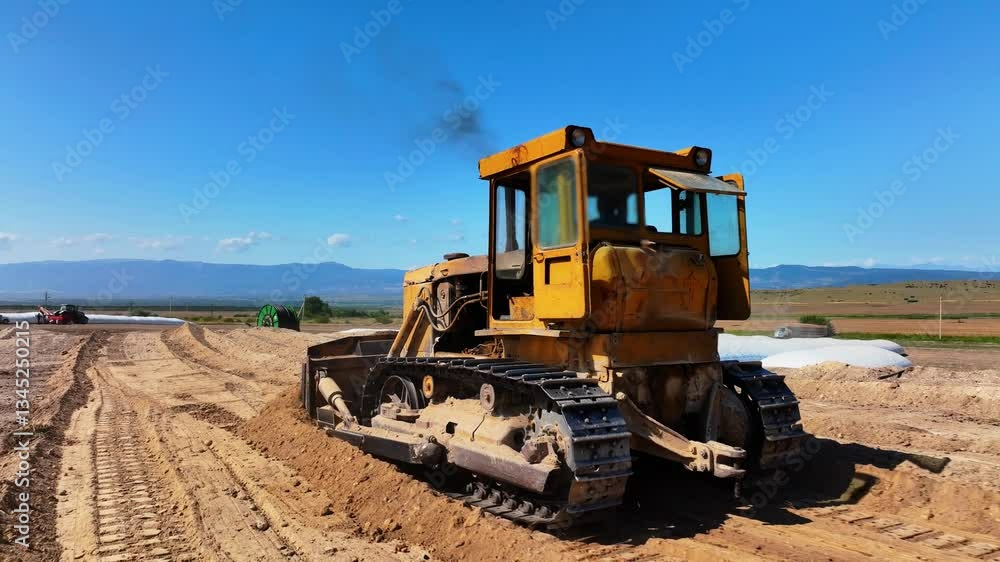 Tracking shot of yellow road grader smoothing gravel surface for highway road. Scraper leveling ground, working at construction. Earthmoving, excavations, digging on soils. Tracking shot of yellow road grader smoothing gravel surface for highway road. Scraper leveling ground, working at construction. Earthmoving, excavations, digging on soils.