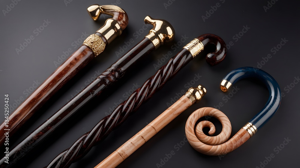 Collection of elegant walking canes displayed on a dark surface showcasing unique designs and craftsmanship Collection of elegant walking canes displayed on a dark surface showcasing unique designs and craftsmanship