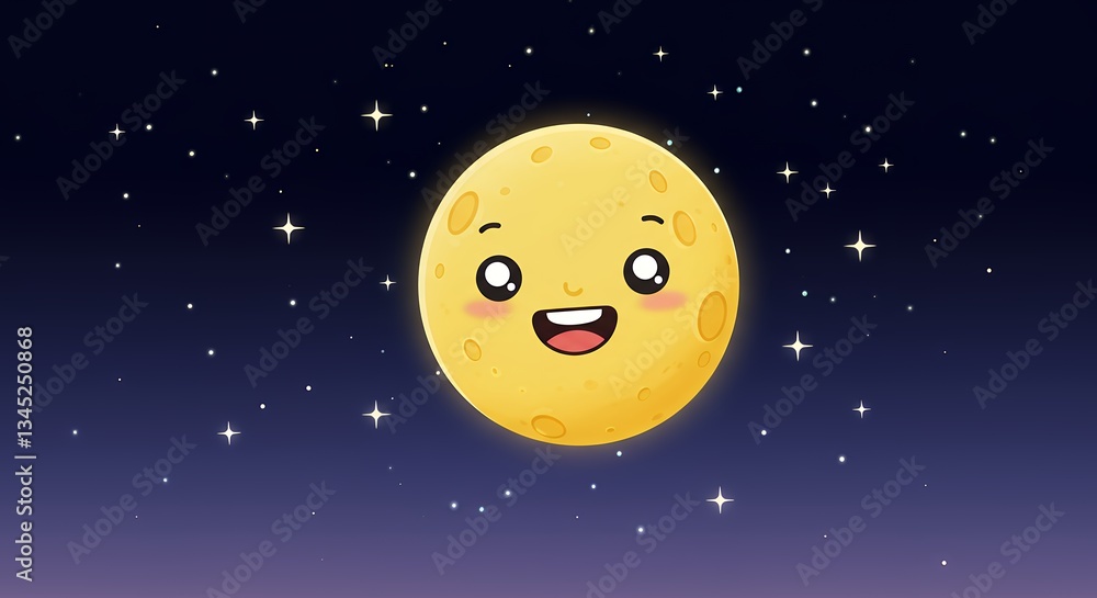 Fototapeta premium Cute Cartoon Moon with Smiling Face and Twinkling Stars