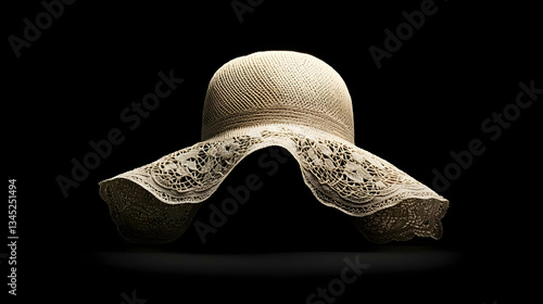 Elegant Beige Wide-Brimmed Hat On Black Background