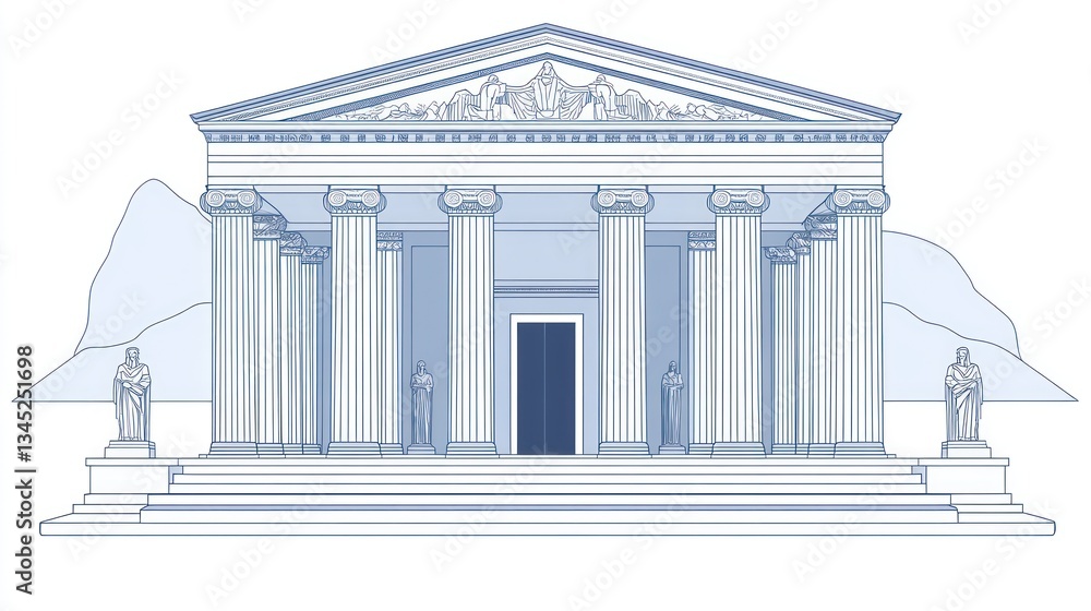 Obraz premium Ancient Greek Temple Illustration, Background Mountains, Static Display
