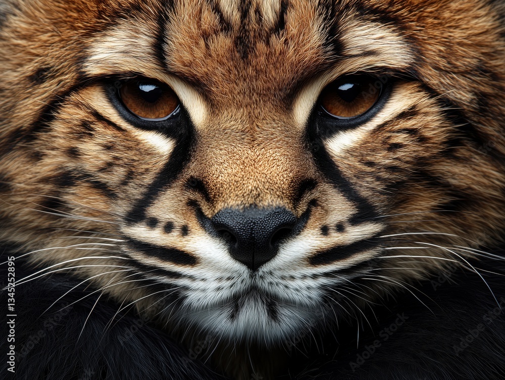 A close up of a cat's face with a dark brown nose and brown eyes. The cat's fur is brown and black A close up of a cat's face with a dark brown nose and brown eyes. The cat's fur is brown and black