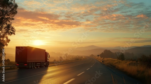 A large cargo truck travels down a highway during sunset hours