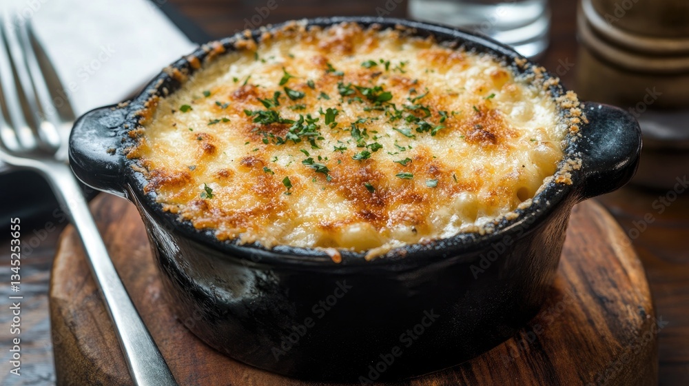 A creamy bowl of mac and cheese with golden, melted cheese bubbling on top. A creamy bowl of mac and cheese with golden, melted cheese bubbling on top.