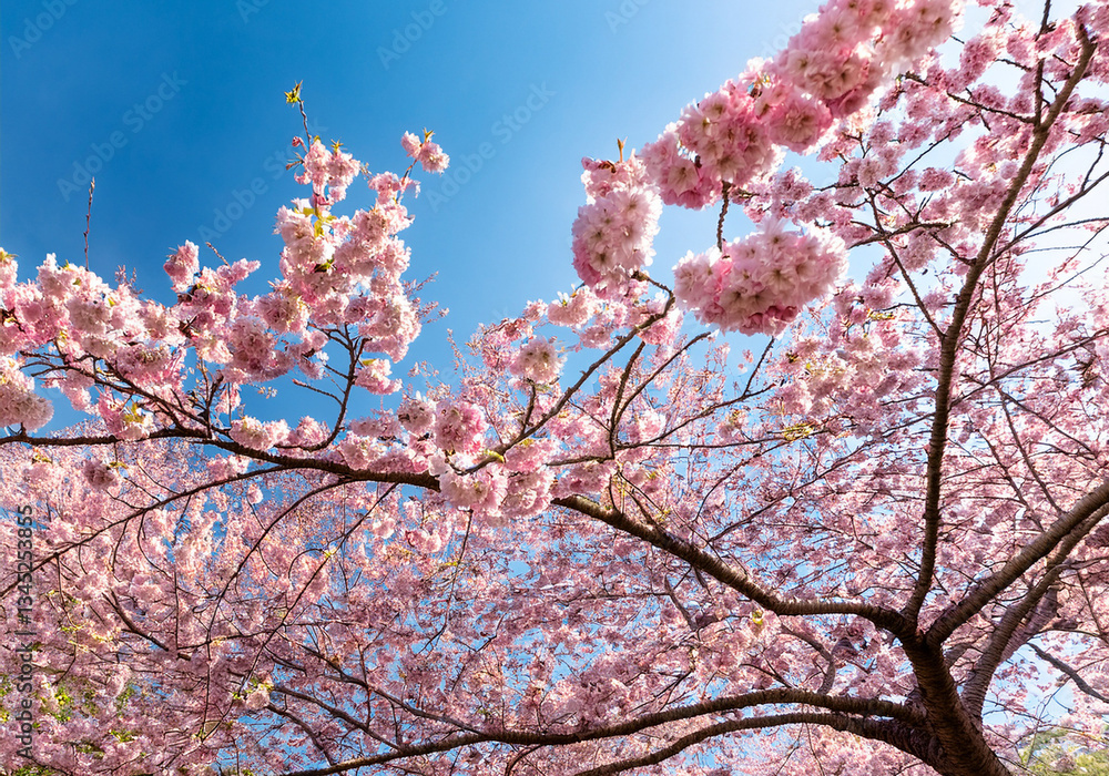 Spring Blooming Cherry Blossom Canopy with Soft Pink Petals Against a Bright Clear Sky Spring Blooming Cherry Blossom Canopy with Soft Pink Petals Against a Bright Clear Sky
