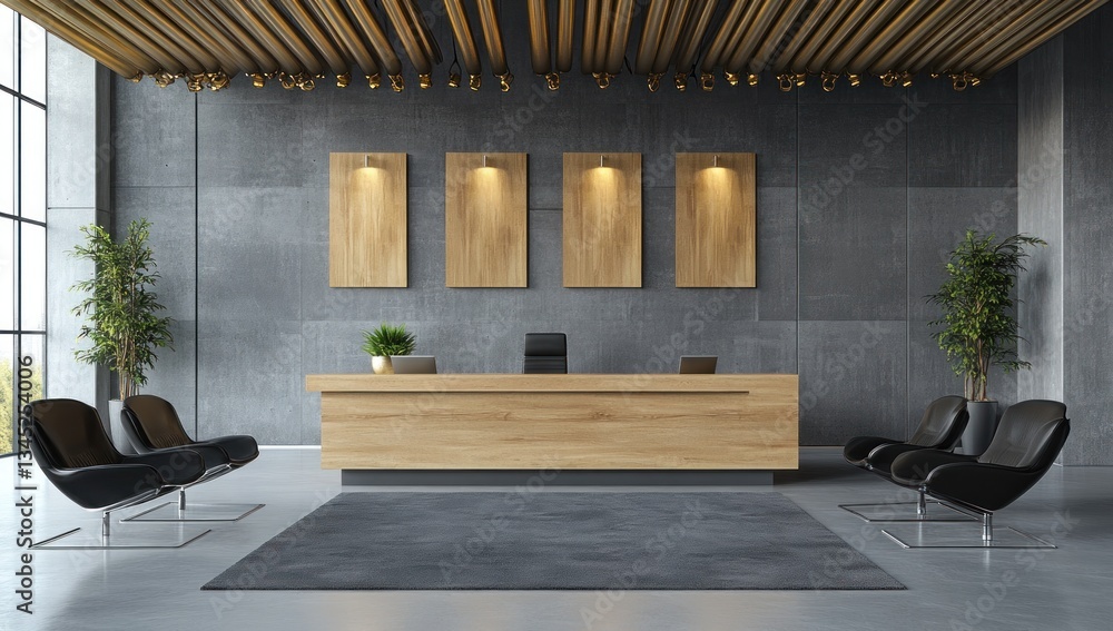 Modern Lobby Reception Desk, Concrete Wall, Wood Accents, Office Interior, Empty, Professional, Bright Modern Lobby Reception Desk, Concrete Wall, Wood Accents, Office Interior, Empty, Professional, Bright