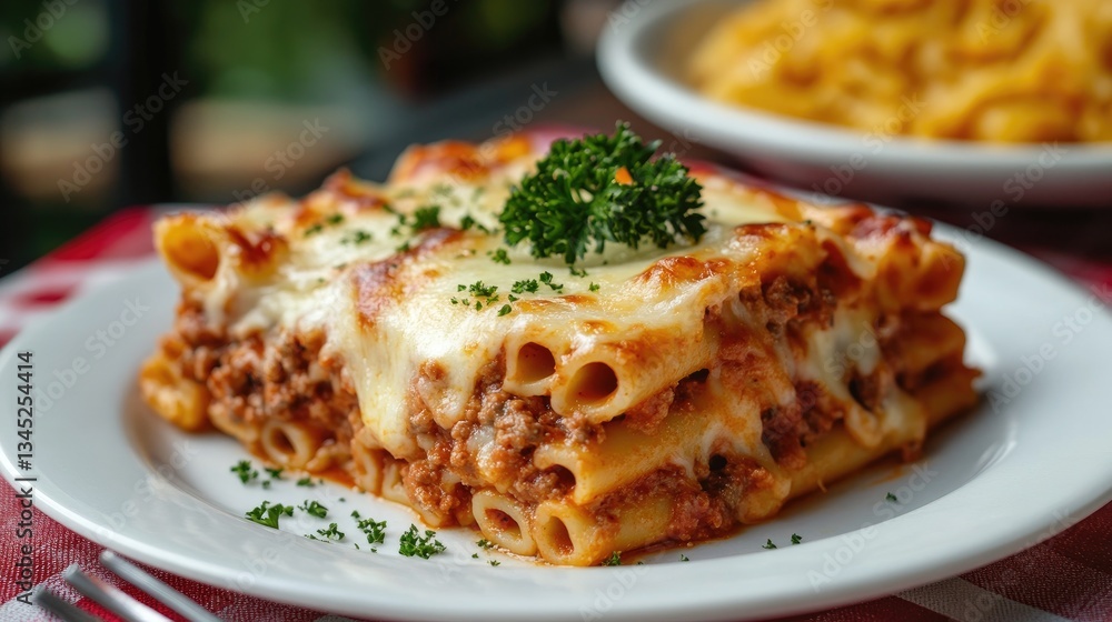 A delicious serving of baked ziti on a white plate with fresh parsley garnish. A delicious serving of baked ziti on a white plate with fresh parsley garnish.