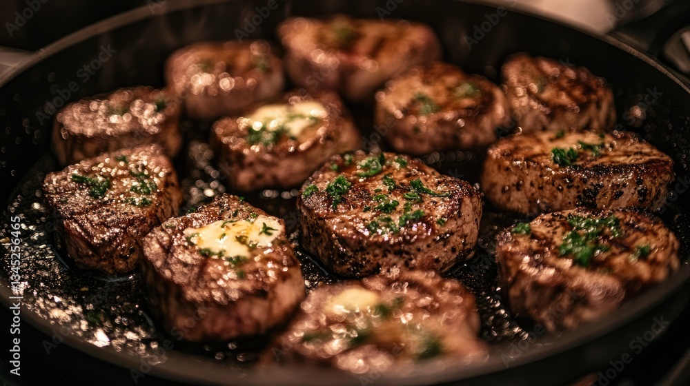 A hot pan filled with steak sizzling in a rich butter and herb sauce. A hot pan filled with steak sizzling in a rich butter and herb sauce.